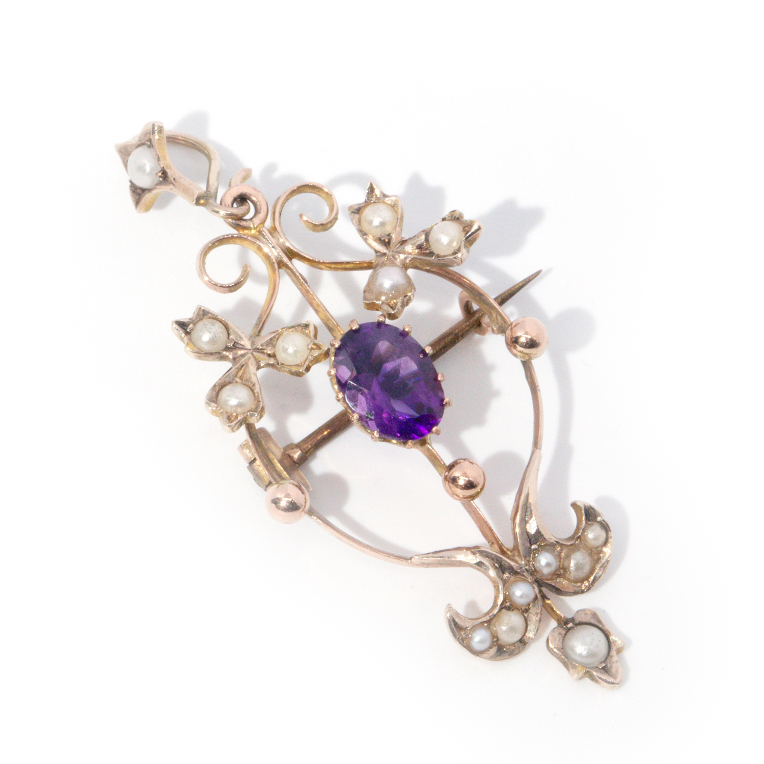 153 · Antique Amethyst & Pearl Pendant-Brooch 9ct Gold