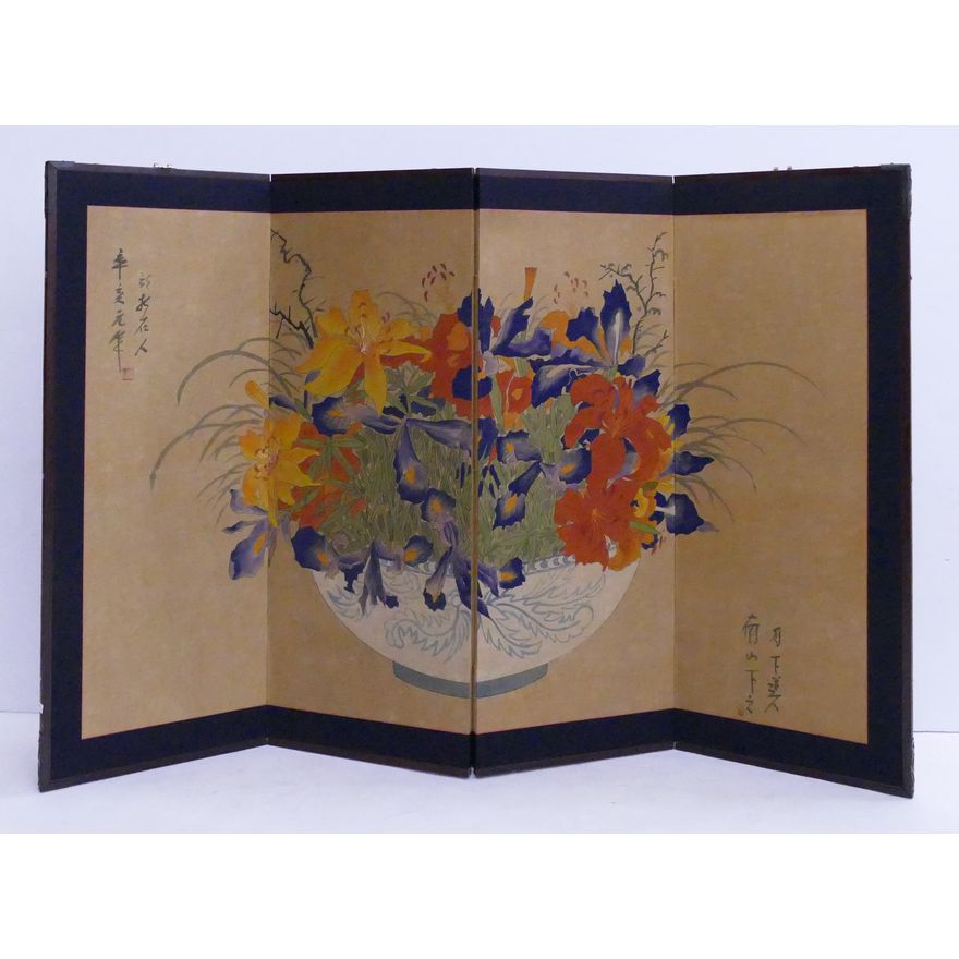 Korean Painted 4 Panel Screen- Iris Ikebana- 36x54''