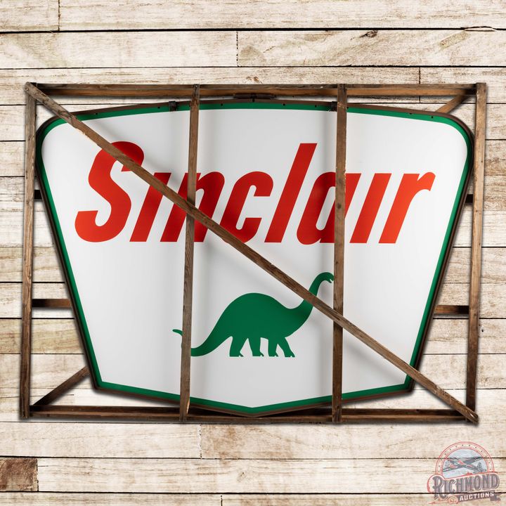 Incredible NOS 1959 Sinclair Gasoline 7' Double Sided Porcelain ID Sign w/ Wooden Crate & Dino