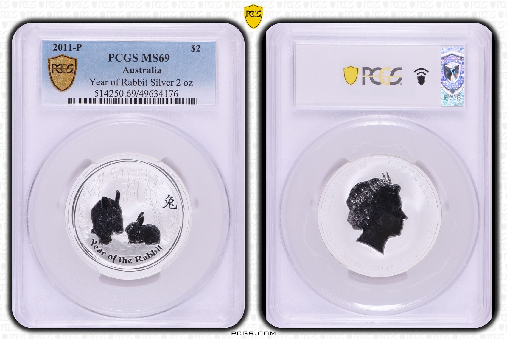 362 · Year of Rabbit Silver 2oz , Two Dollar, 2011-P, PCGS MS69