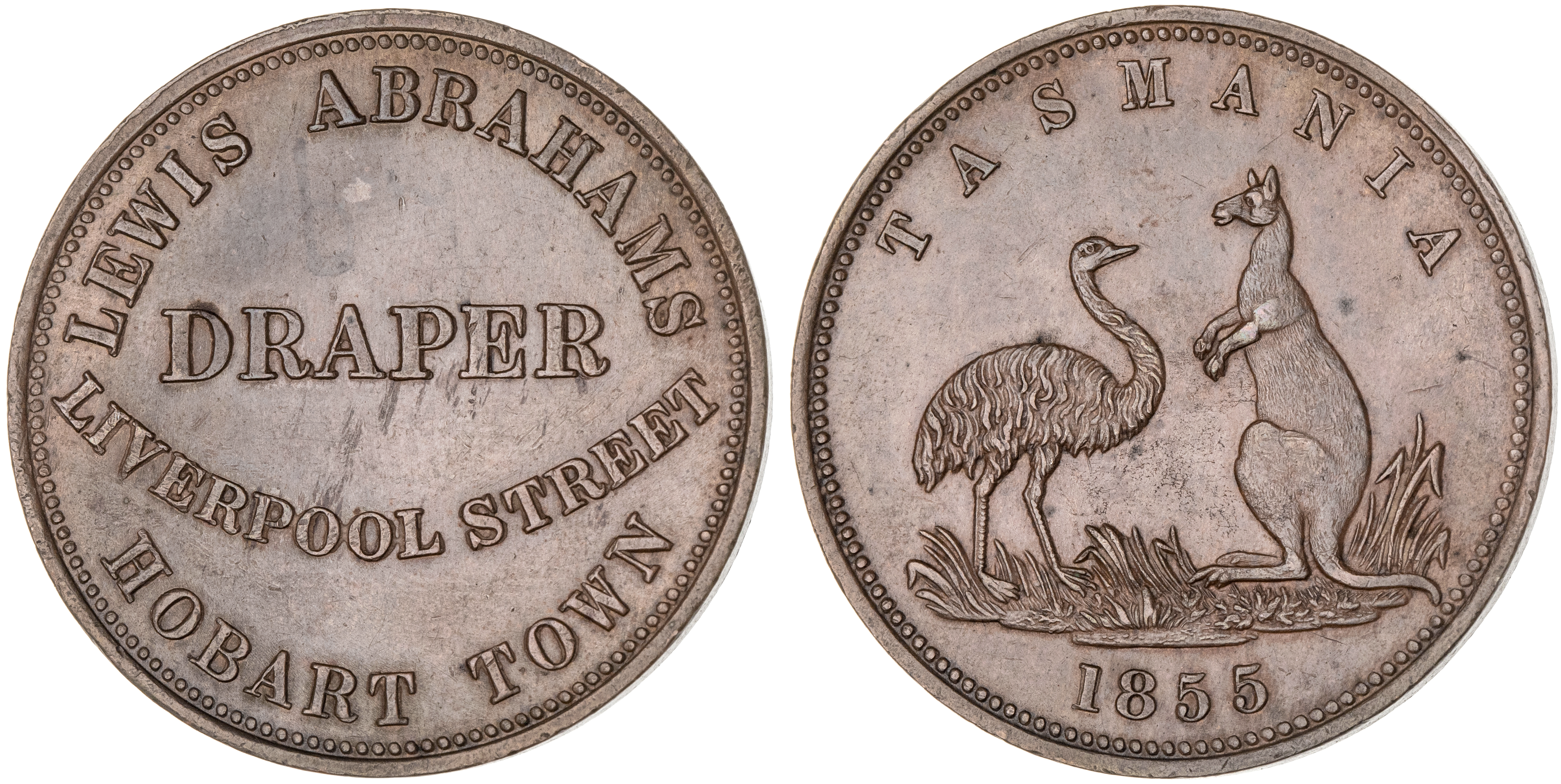 Hobart Town, Tasmania, Lewis Abrahams, Penny, 1855, UNC