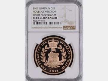 2017 ELIZABETH II 'HOUSE OF WINDSOR' PROOF GOLD 5 POUND COIN PF69 UCAM
