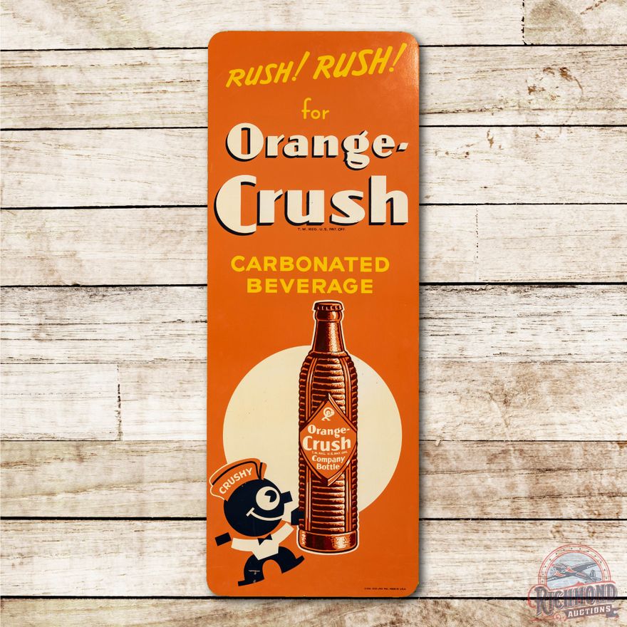 1943 Rush! Rush! For Orange Crush w/ Crushy Masonite Sign TAC 9.25