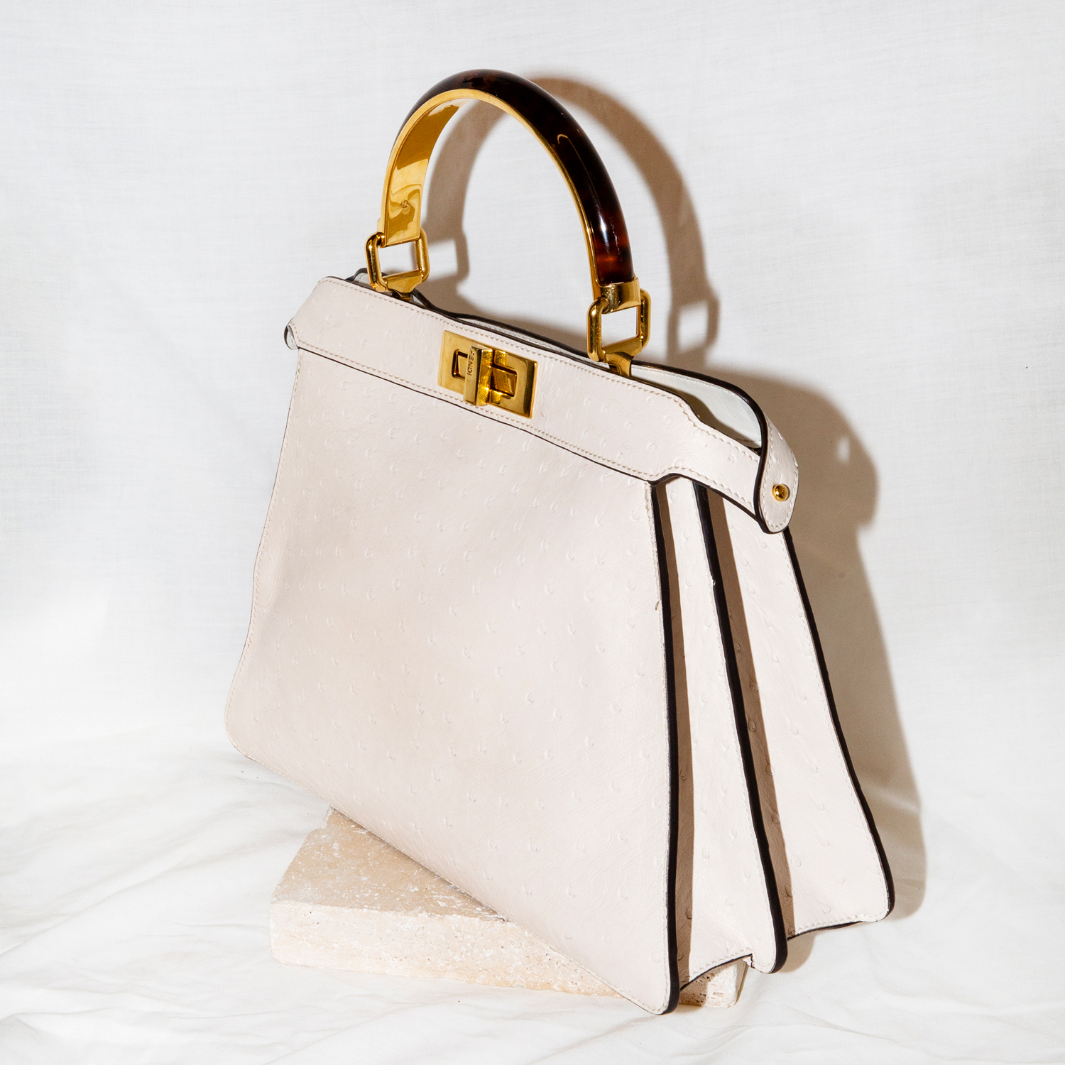 Fendi "Peekaboo ISeeU" In Cream Ostrich with Faux Tortoiseshell Handle