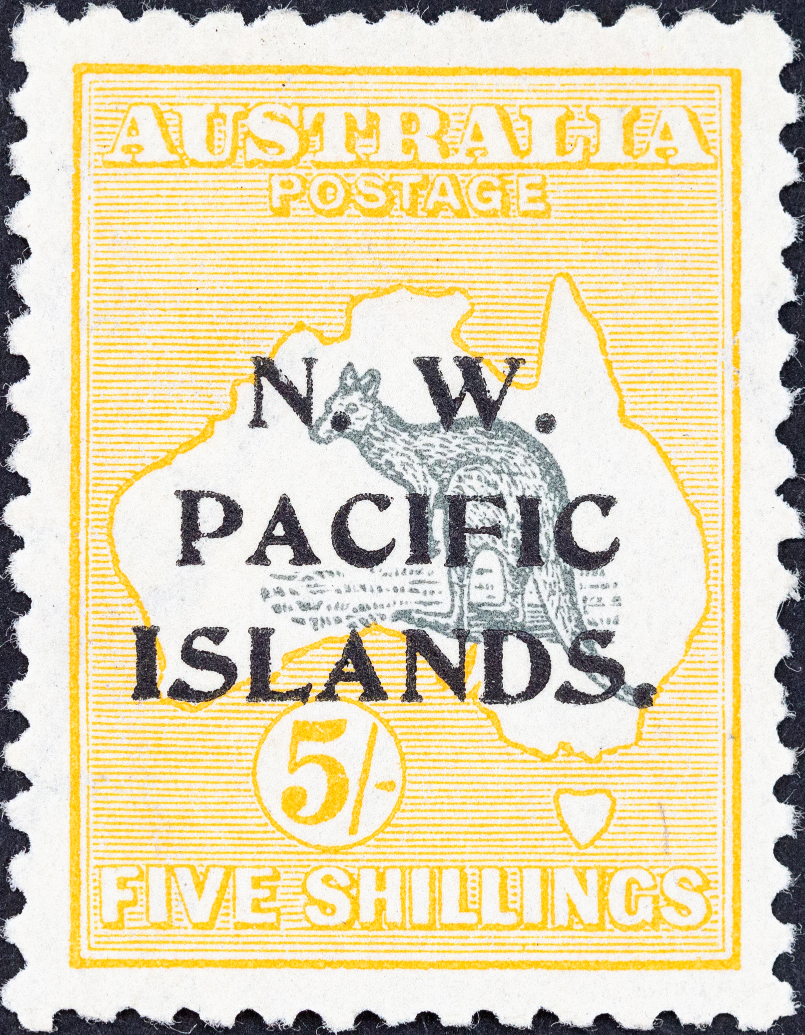 New Guinea, Second Watermark Kangaroo NWPI Overprints, Five Shillings, Grey & Yellow, 1915, MLH