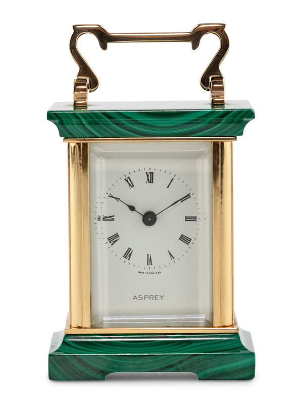 An Asprey and Co. Malachite and Brass Carriage Clock
