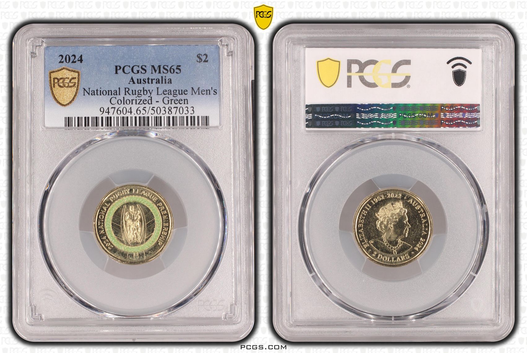 National Rugby League Men's Colorized - Green, Two Dollar, 2024, PCGS MS65