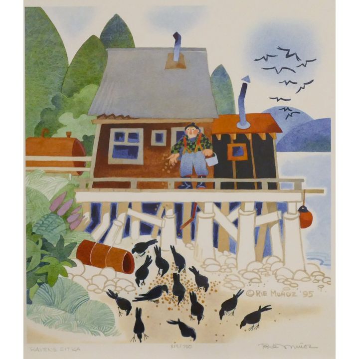 Rie Munoz ''Ravens, Sitka'' 1995 Signed Print 15'' x 14'' Sheet.