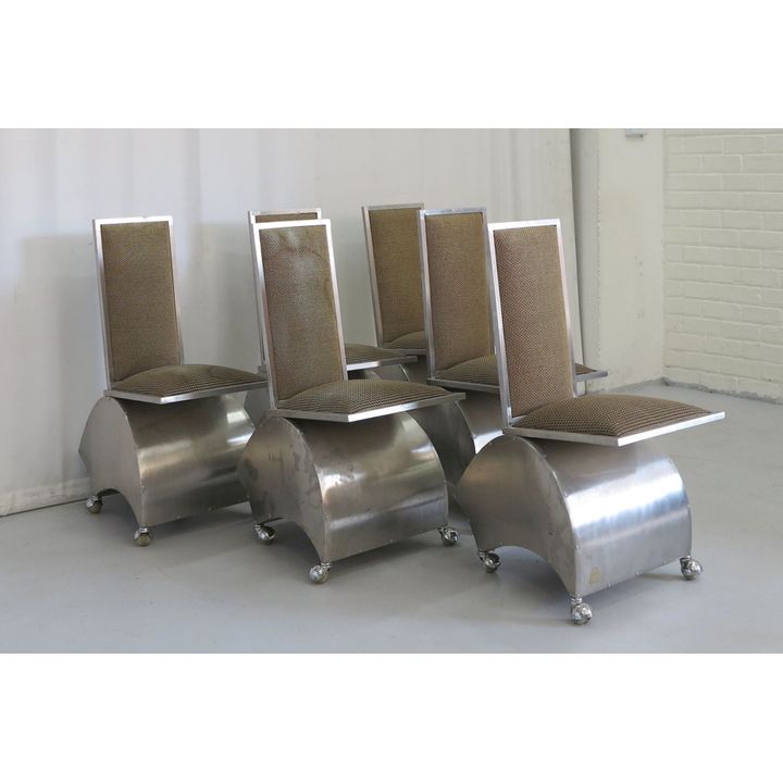 SET OF 6 UPHOLSTERED STEEL DINING CHAIRS ON CASTORS