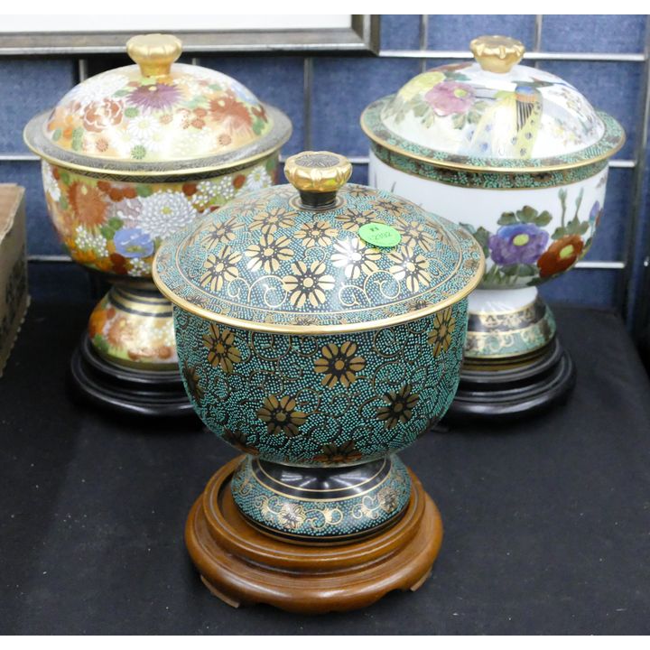 3pc Japanese Kutani Porcelain Covered Compotes 9''
