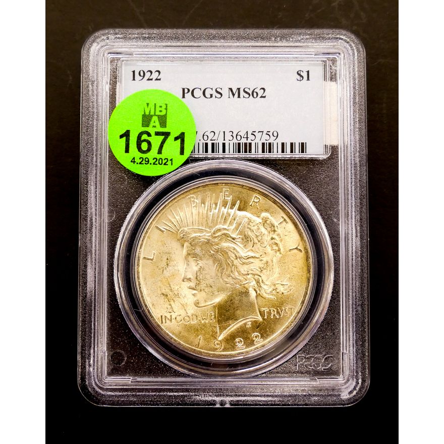 1922 US Peace Silver Dollar- Graded PCGS MS 62