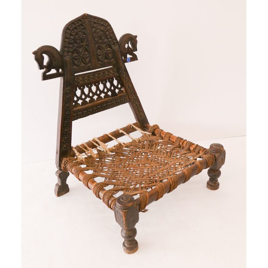 Antique Swat Valley Carved Horse Back Low Chair- 27x20x21''