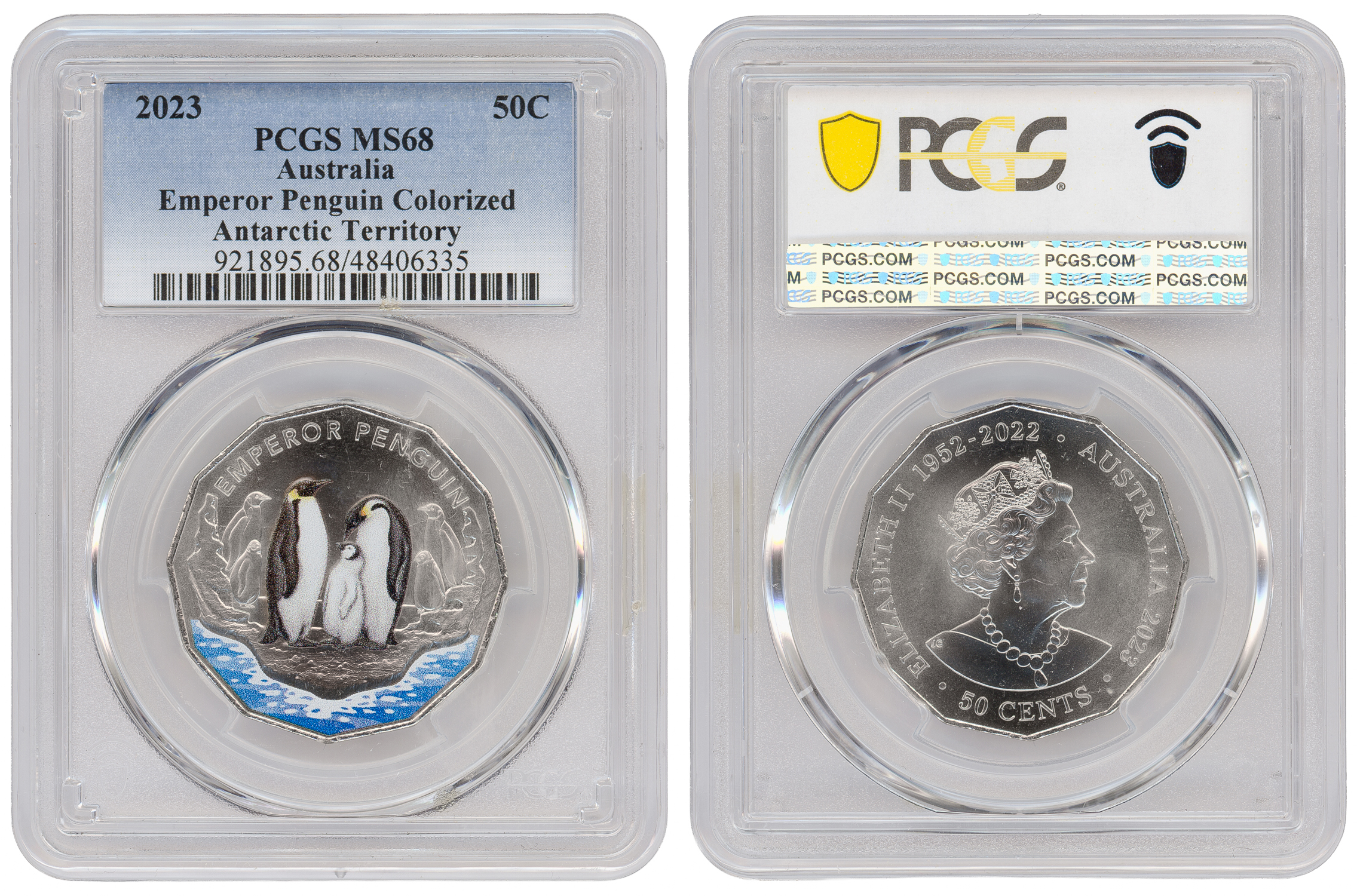 Emperor Penguin Colourised Antarctic Territory, Fifty Cent, 2023, PCGS MS68