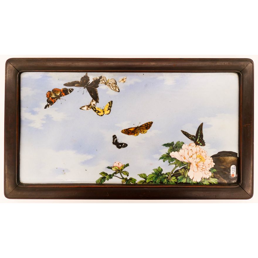 Kanzan Denshichi Butterflies and Chrysanthemum Porcelain Plaque