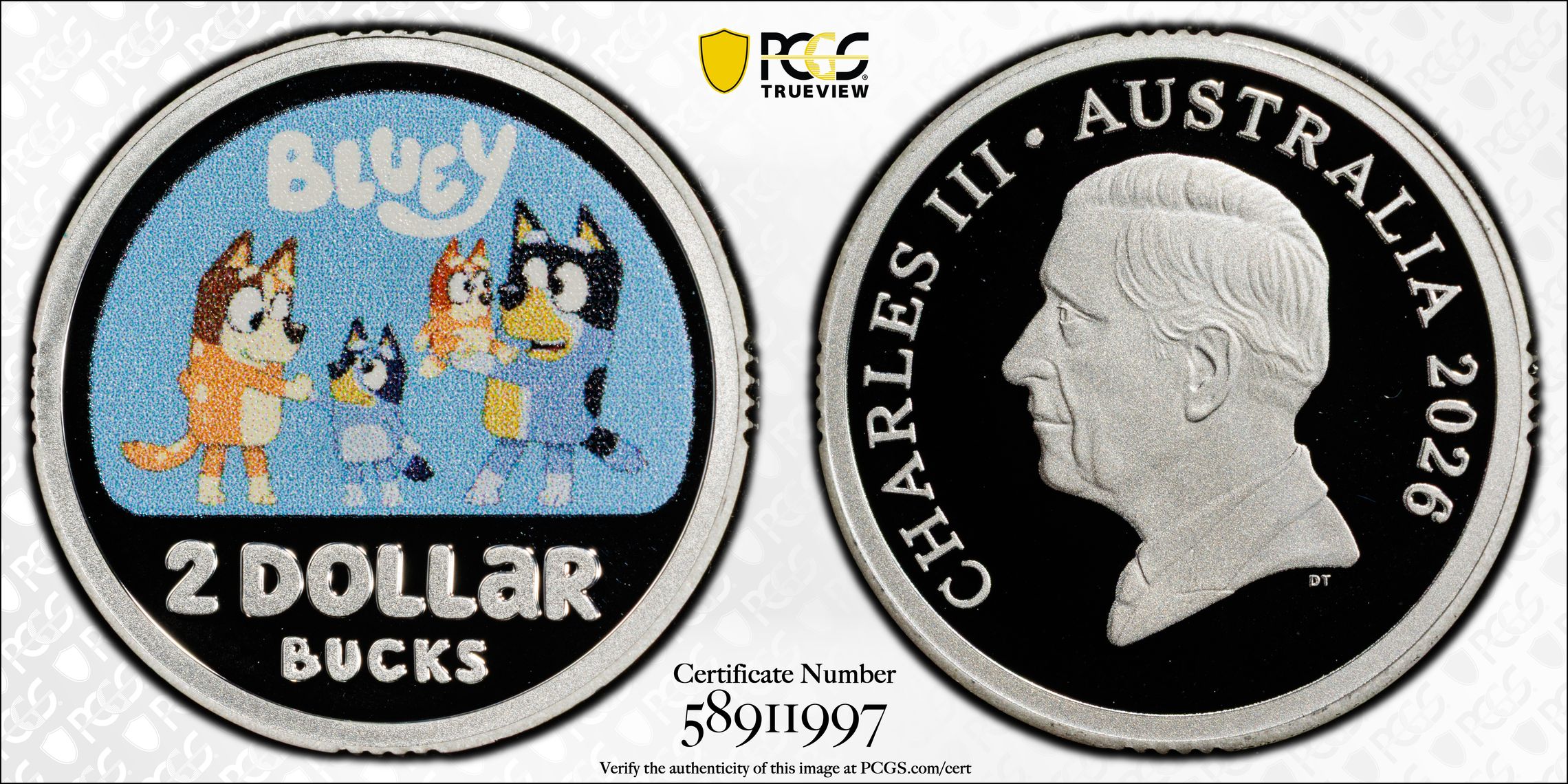 Bluey Colourised Silver, Two Dollars, 2026, PCGS PR70DCAM