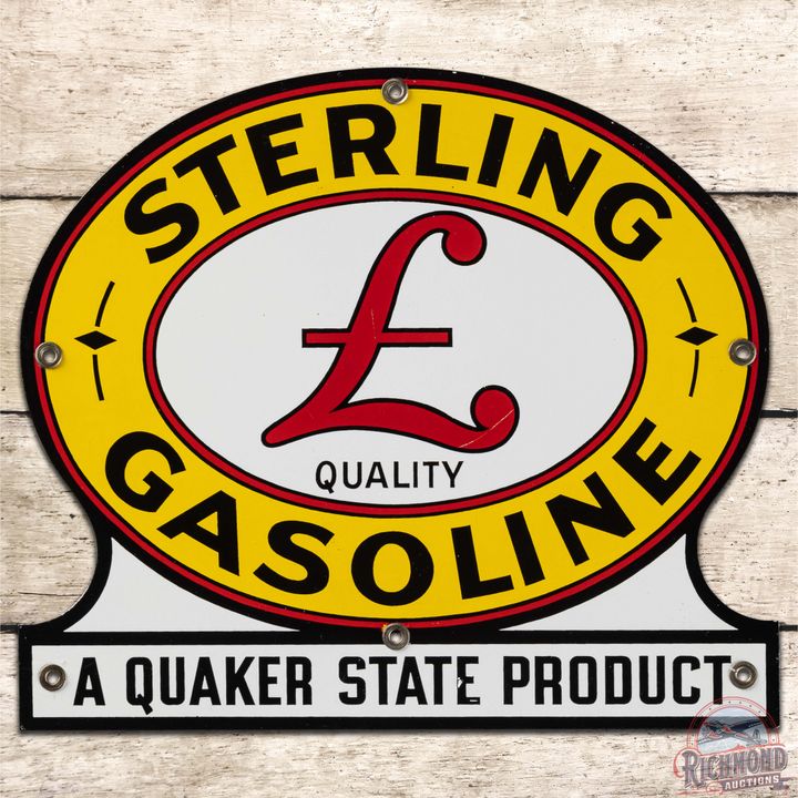 Sterling "L" Quality Gasoline "A Quaker State Product" SS Porcelain Pump Plate Sign
