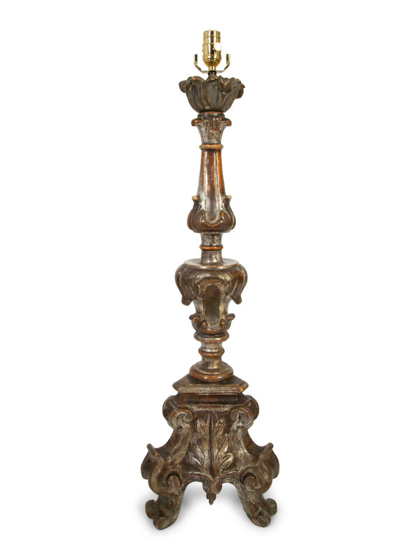 An Italian Giltwood Pricket Mounted as a Lamp
Height 36 x diameter 10 inches.