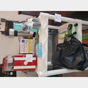 2 shelves, small appliances, water timer, other misc