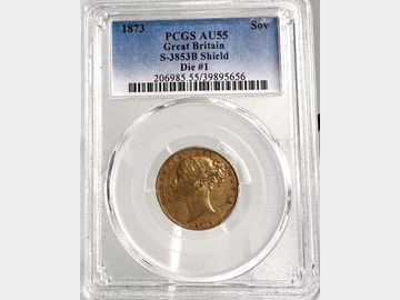 1873 VICTORIA YOUNG HEAD #DIE 1 SHIELD GOLD SOVEREIGN AU55