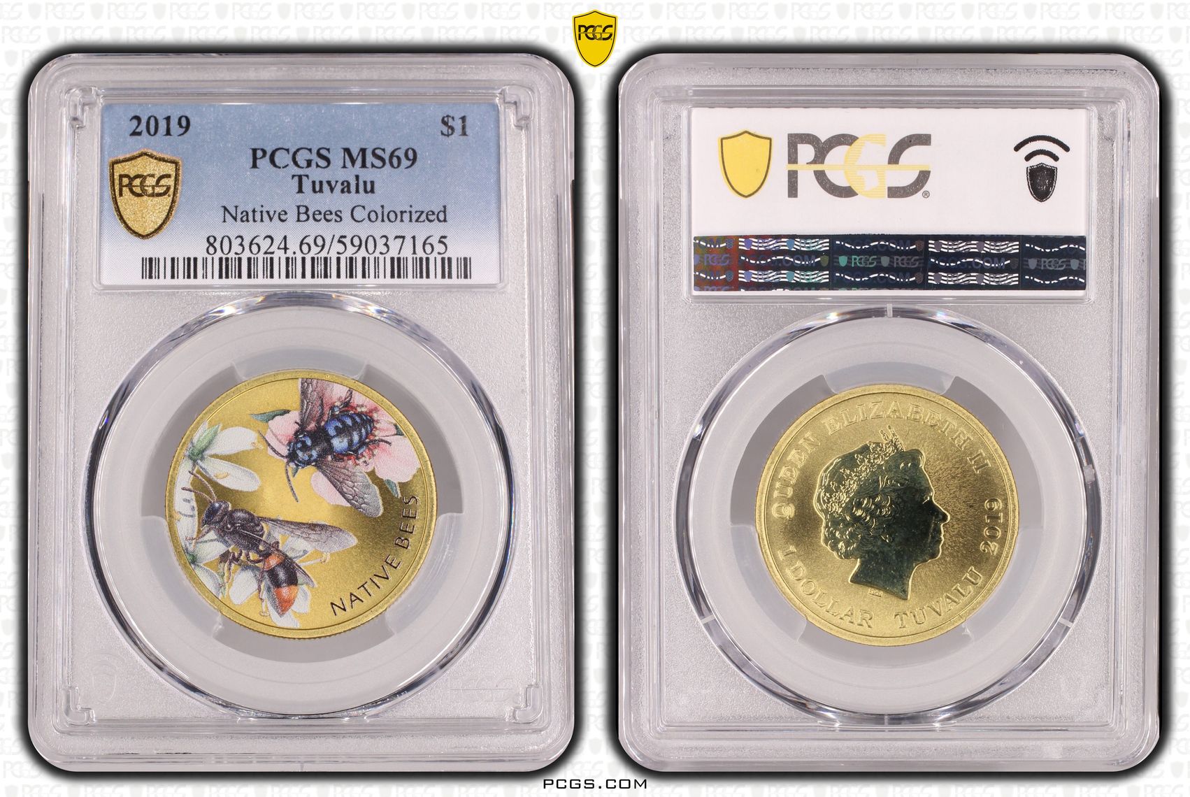 Tuvalu, Native Bees Colorized, One Dollar, 2019, PCGS MS69