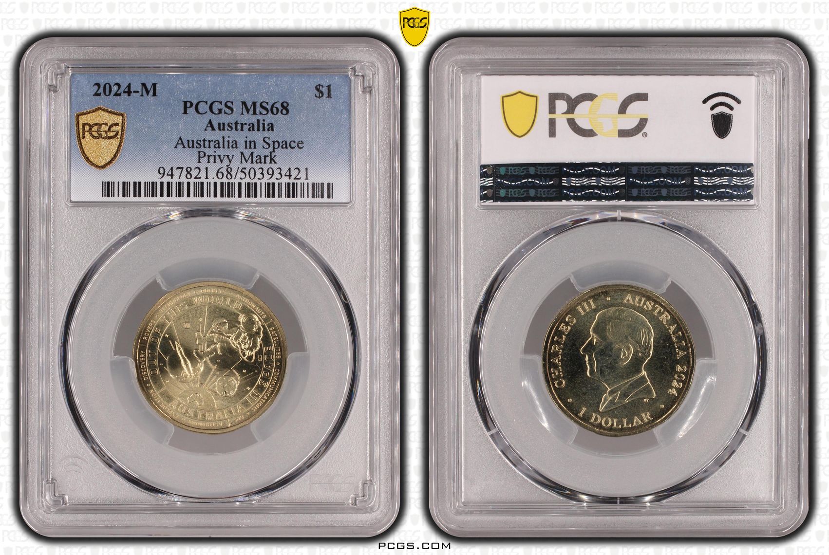 357 · Charles III, Australia in Space - Privy Mark  POP 3/0, One Dollar, 2024-M, PCGS MS68