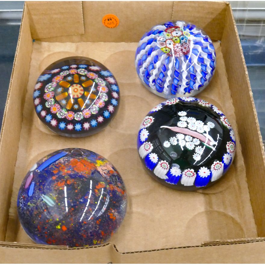 Box 4pc Murano Millefiori Glass Paperweights