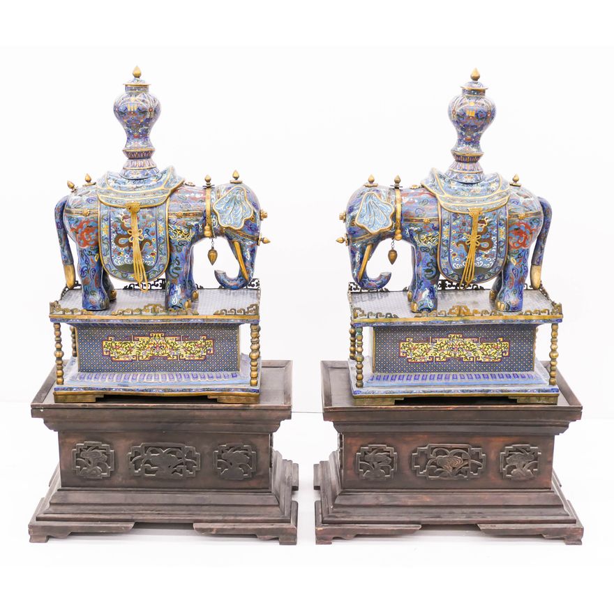 Impressive Pair Chinese Elephant Cloisonne Censers