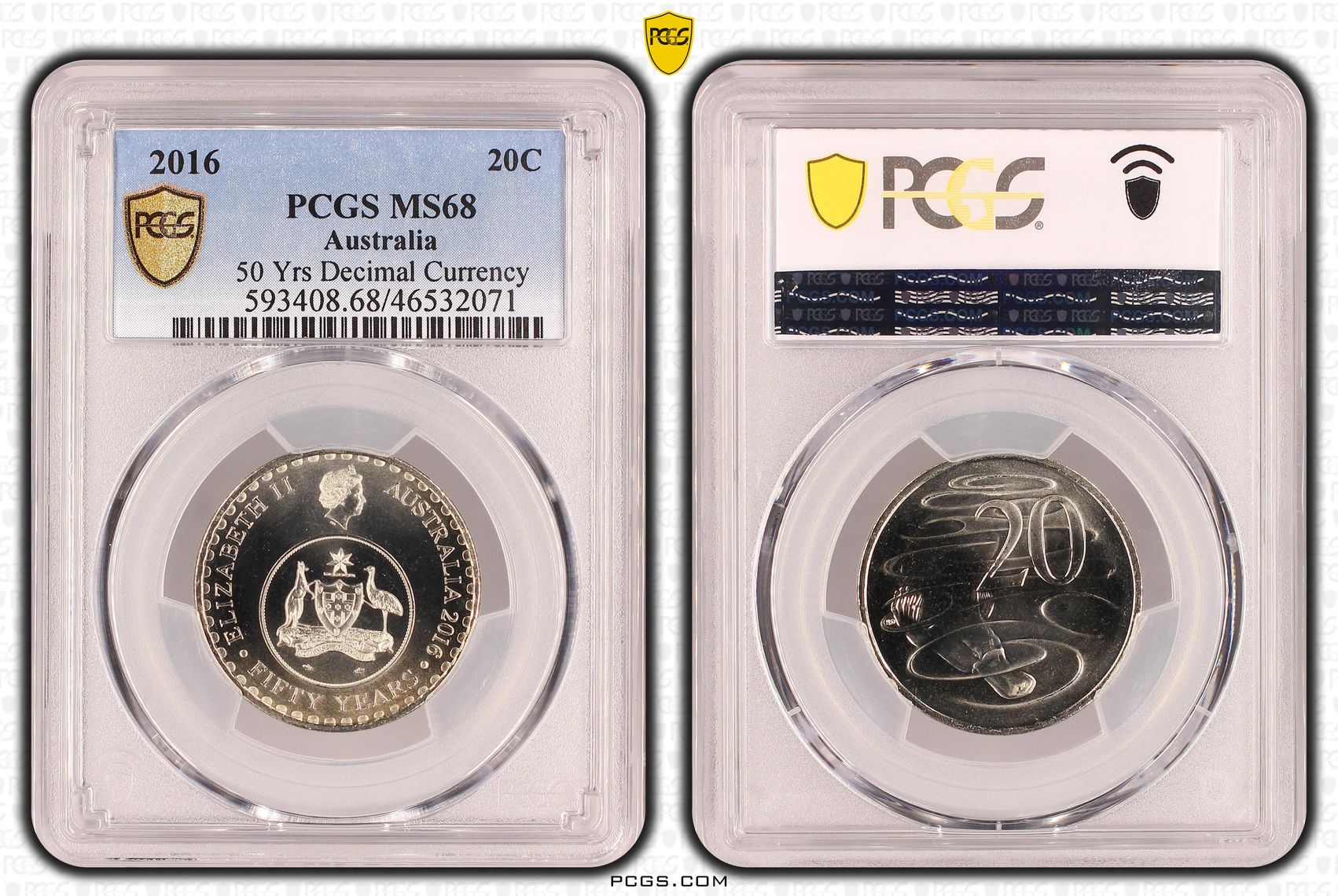 Elizabeth II, 50 Yrs Decimal Currency, Twenty Cent, 2016, PCGS MS 68