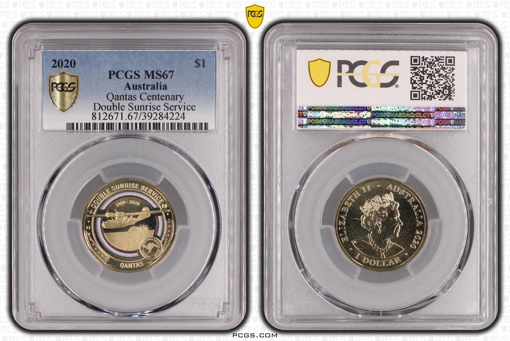 468 · Qantas Centenary Double Sunrise Service, One Dollar, 2020, PCGS MS67