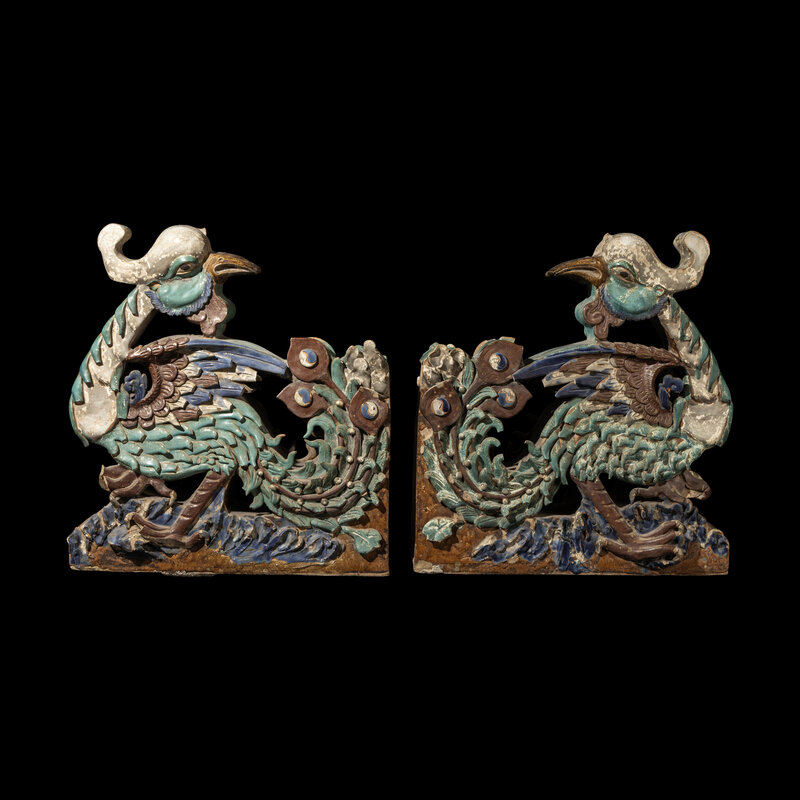A Pair of Large Chinese Glazed Stoneware Architectural Tilework Phoenixes, Late 18th/19th Century
清中期 琉璃鳳凰大鴟吻一對