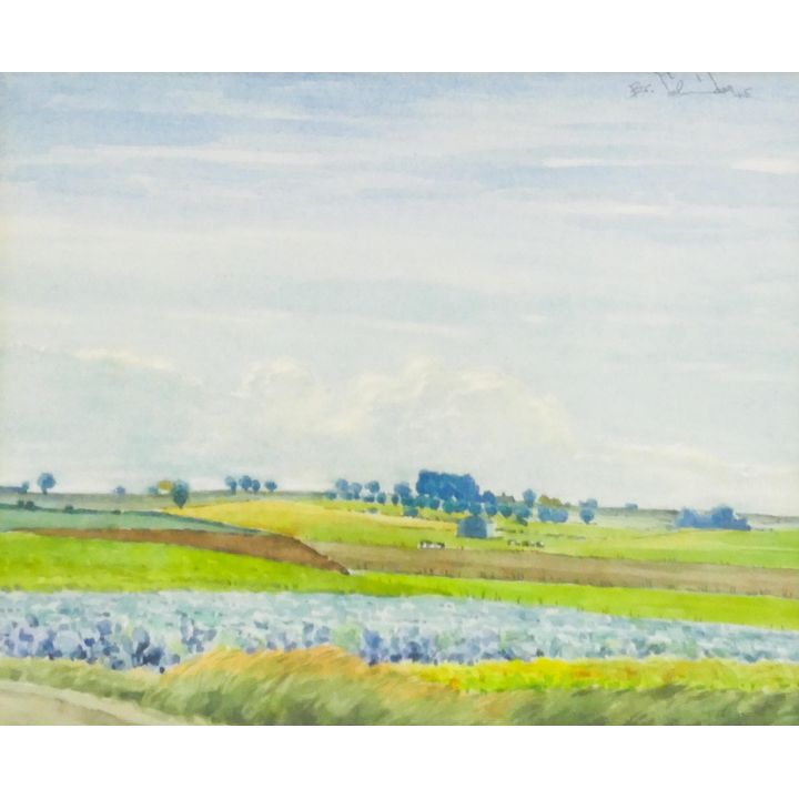 European Countryside Landscape Watercolor Painting illegibly signed. Framed- 13.5x16.5''
