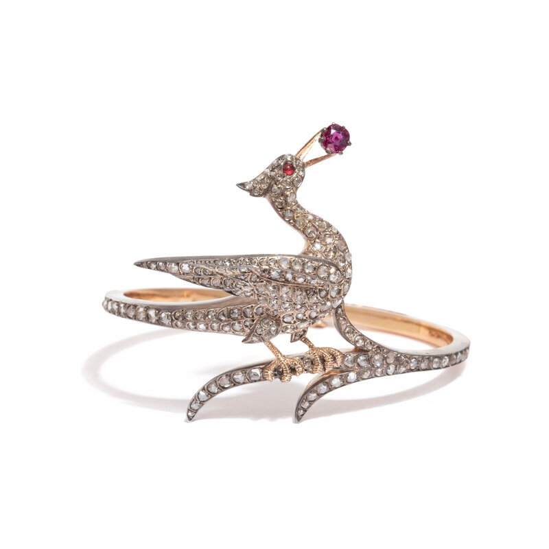 ANTIQUE, DIAMOND AND RUBY BIRD BANGLE BRACELET