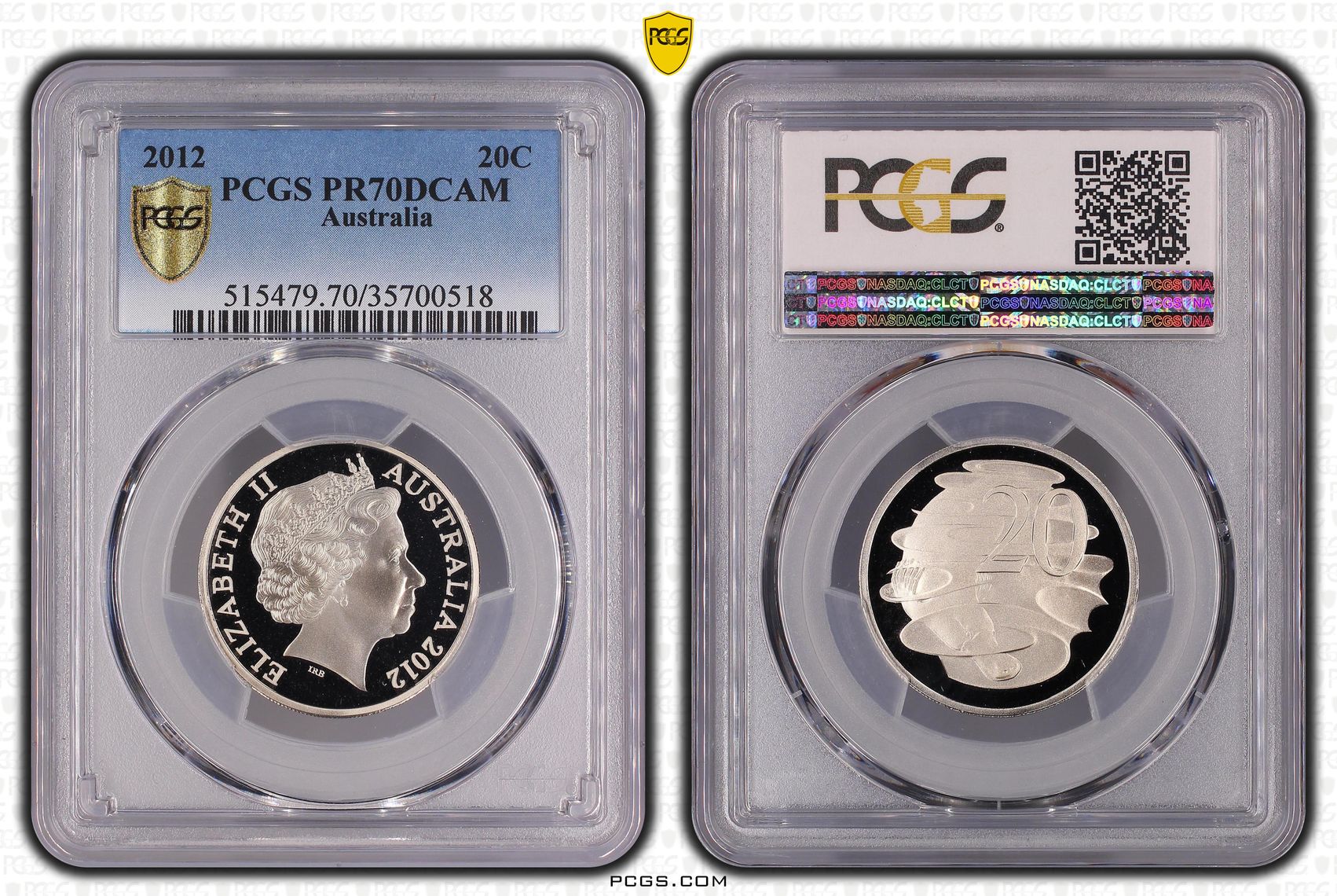 Top pop, Twenty Cent, 2012, PCGS PR70DCAM