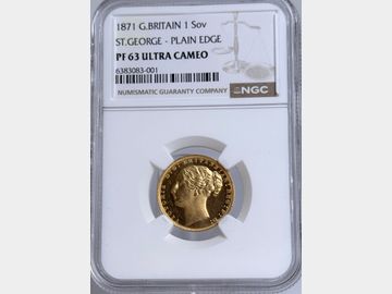 RARITY 2/ 1871 VICTORIA PLAIN EDGE PROOF GOLD SOVEREIGN PF63 ULTRA CAMEO