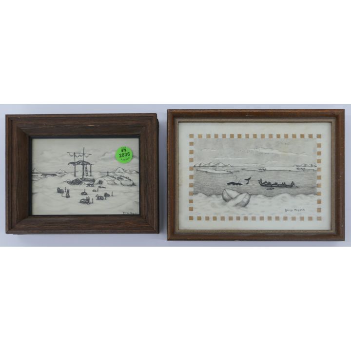 2pc George Aghupuk Miniature Alaskan Ink Drawings Framed - largest 6x8''