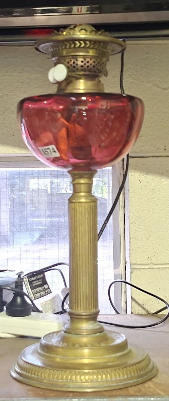 Brass And Cranberry Glass Oil Lamp