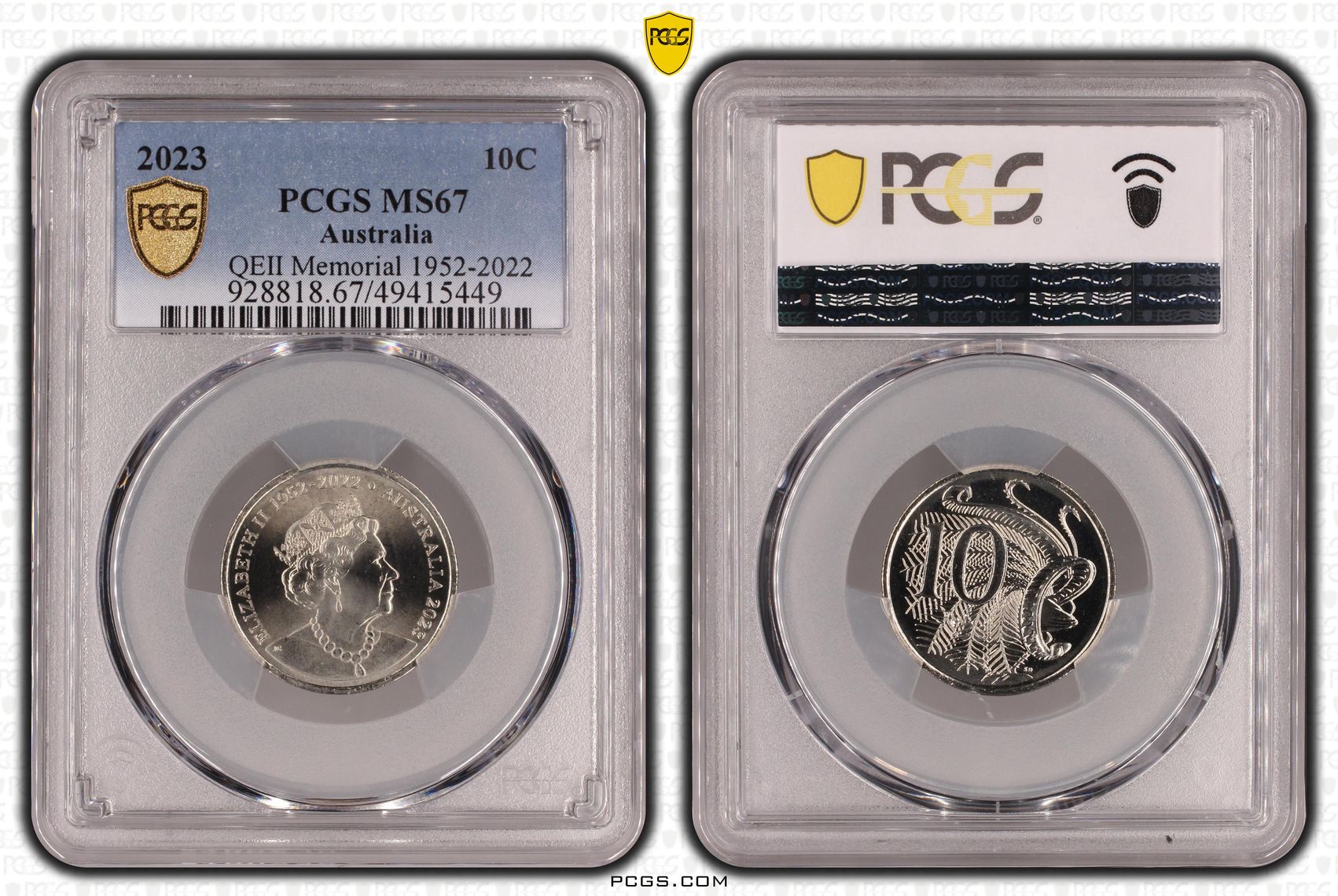 Elizabeth II, QEII Memorial 1952-2022 , Ten Cent, 2023, PCGS MS67