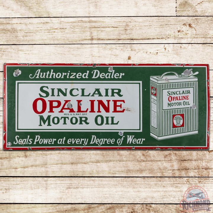 Sinclair Opaline Motor Oil Authorized Dealer SS Porcelain Sign w/ Flat Can
