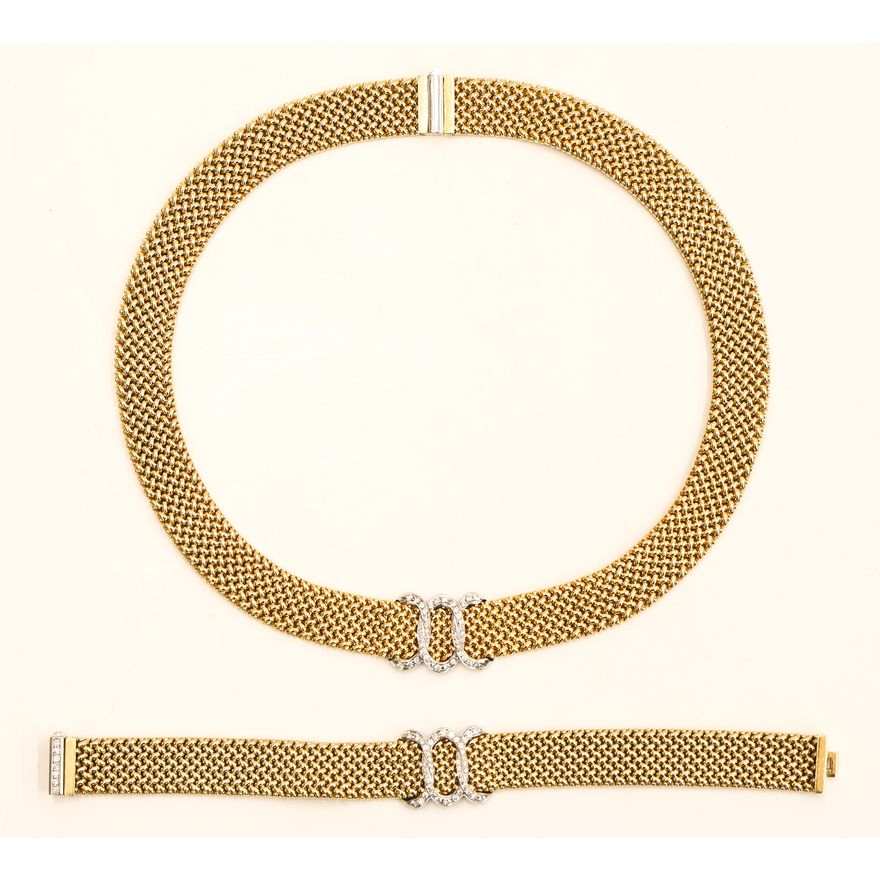 Italian Designer 18k Mesh Diamond Necklace & Bracelet