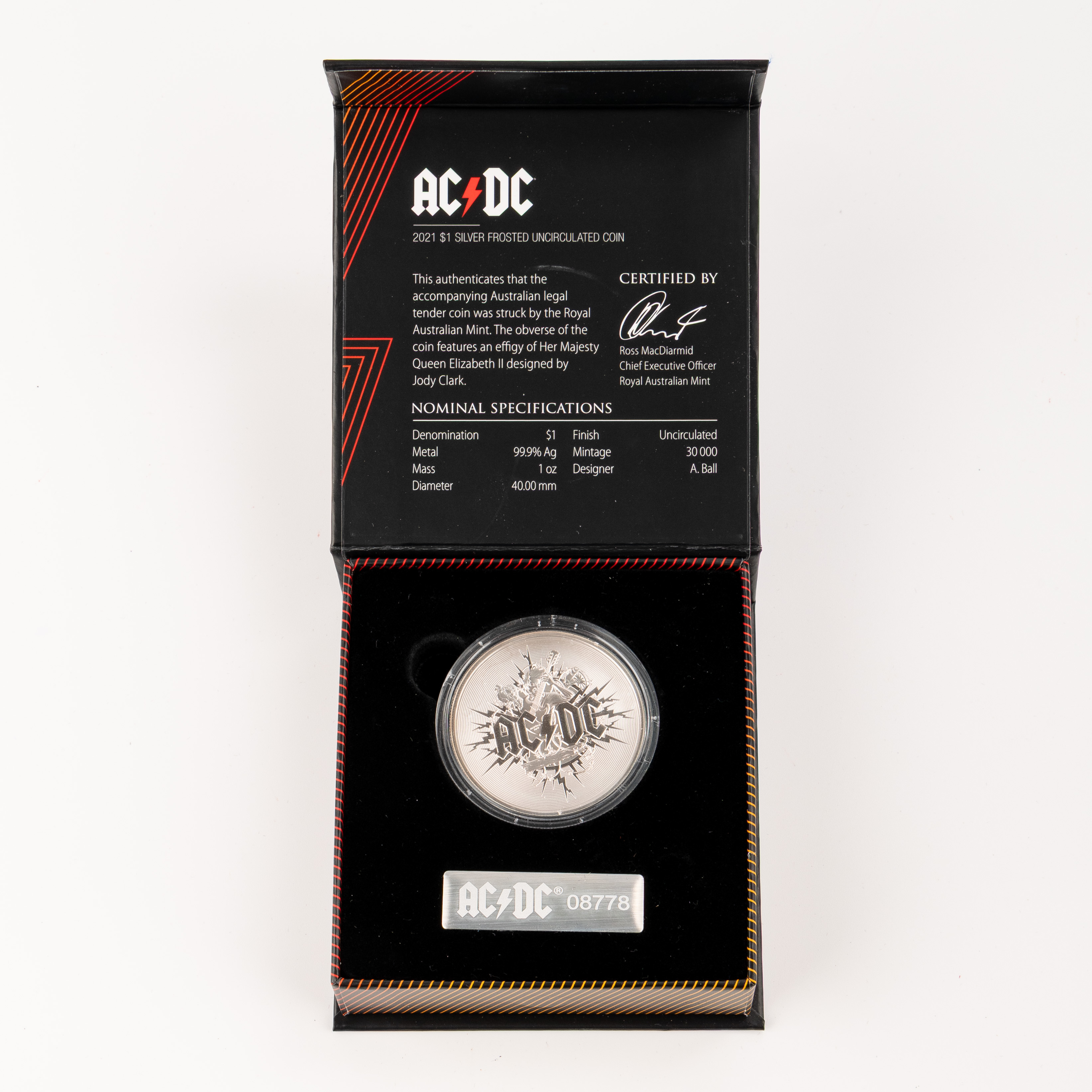 ACDC Silver Frosted Coin, One Dollar, 2021, UNC