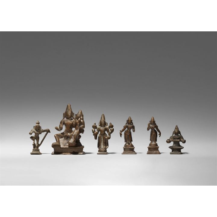 Six small South Indian copper alloy figures of Vishnu and others. 17th/19th century