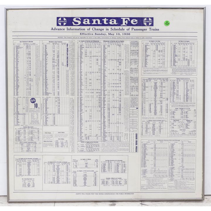 Santa Fe Railroad 1936 Framed Time Table- 28x27''