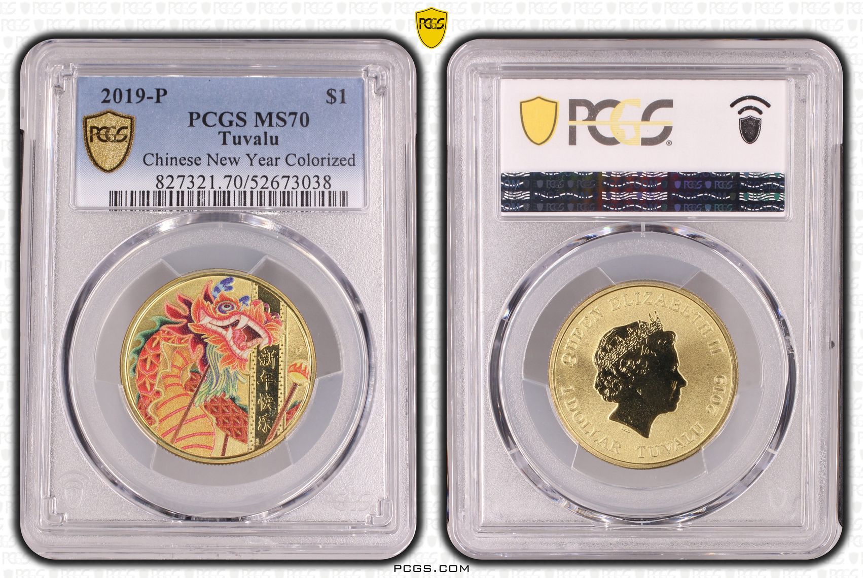285 · Tuvalu, Chinese New Year Colorized, POP 8/0, One Dollar, 2019-P, PCGS MS70