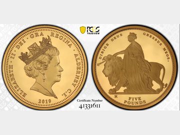 2019 'UNA AND THE LION' PROOF GOLD 5 POUNDS PF69 DCAM