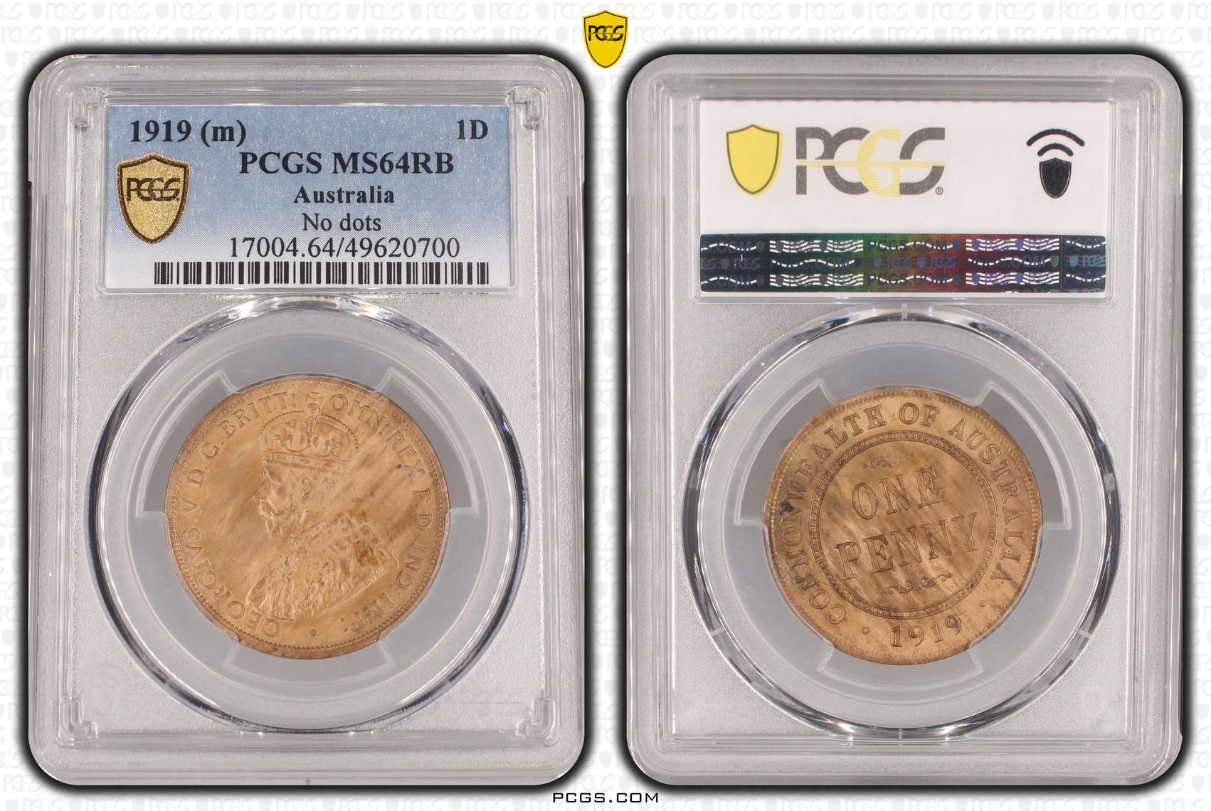 George V, No dots, Penny, 1919, PCGS MS64RB