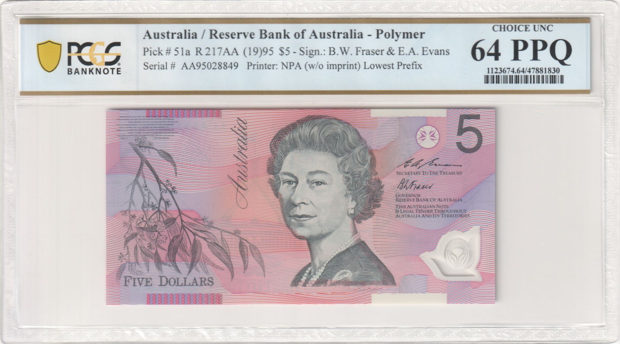 Fraser/Evans, Lowest Prefix, Five Dollar, 1995, PCGS Choice UNC 64 PPQ