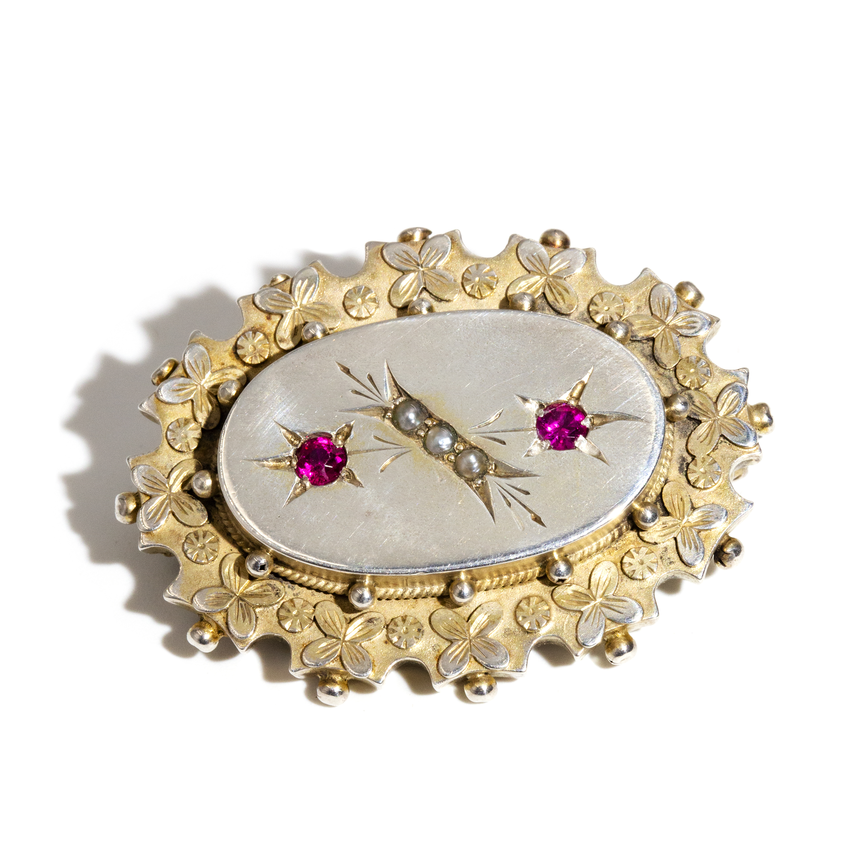 213 · Silver Antique Pearl & Synthetic Ruby Brooch