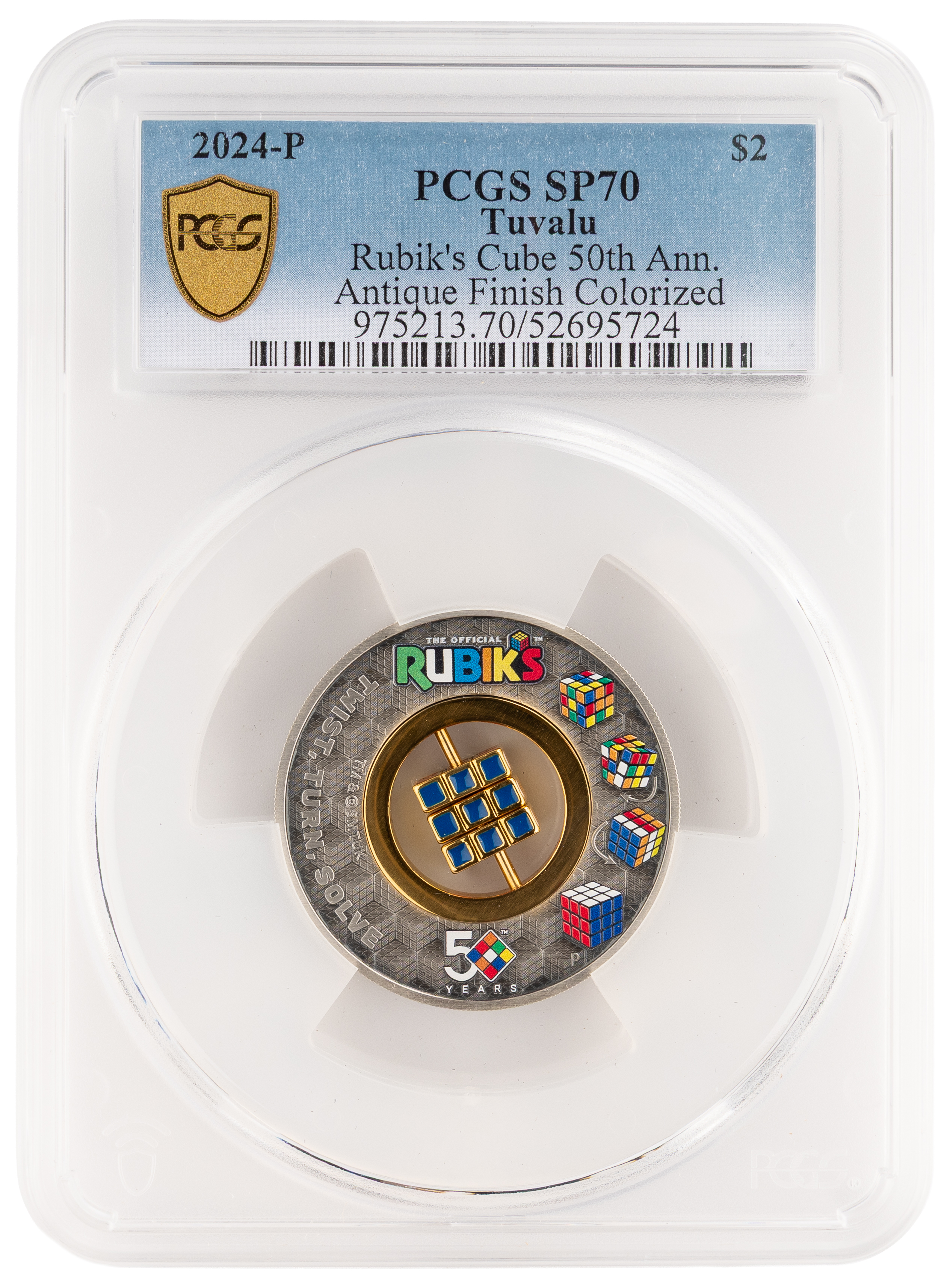 291 · Tuvalu, Rubik's Cube 50th Anniversary, Two Dollars, 2024-P, PCGS SP70