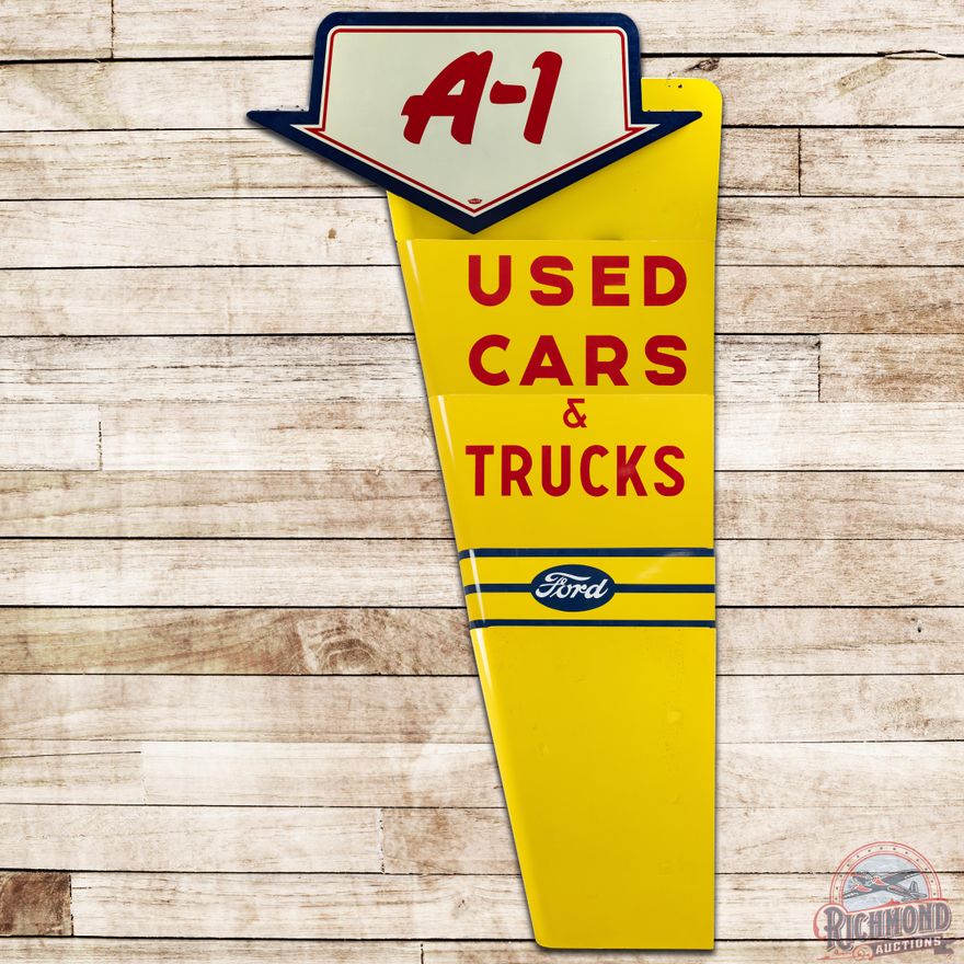 Outstanding NOS 1950's Ford A-1 Used Cars & Trucks Vertical DSP Sign - 9