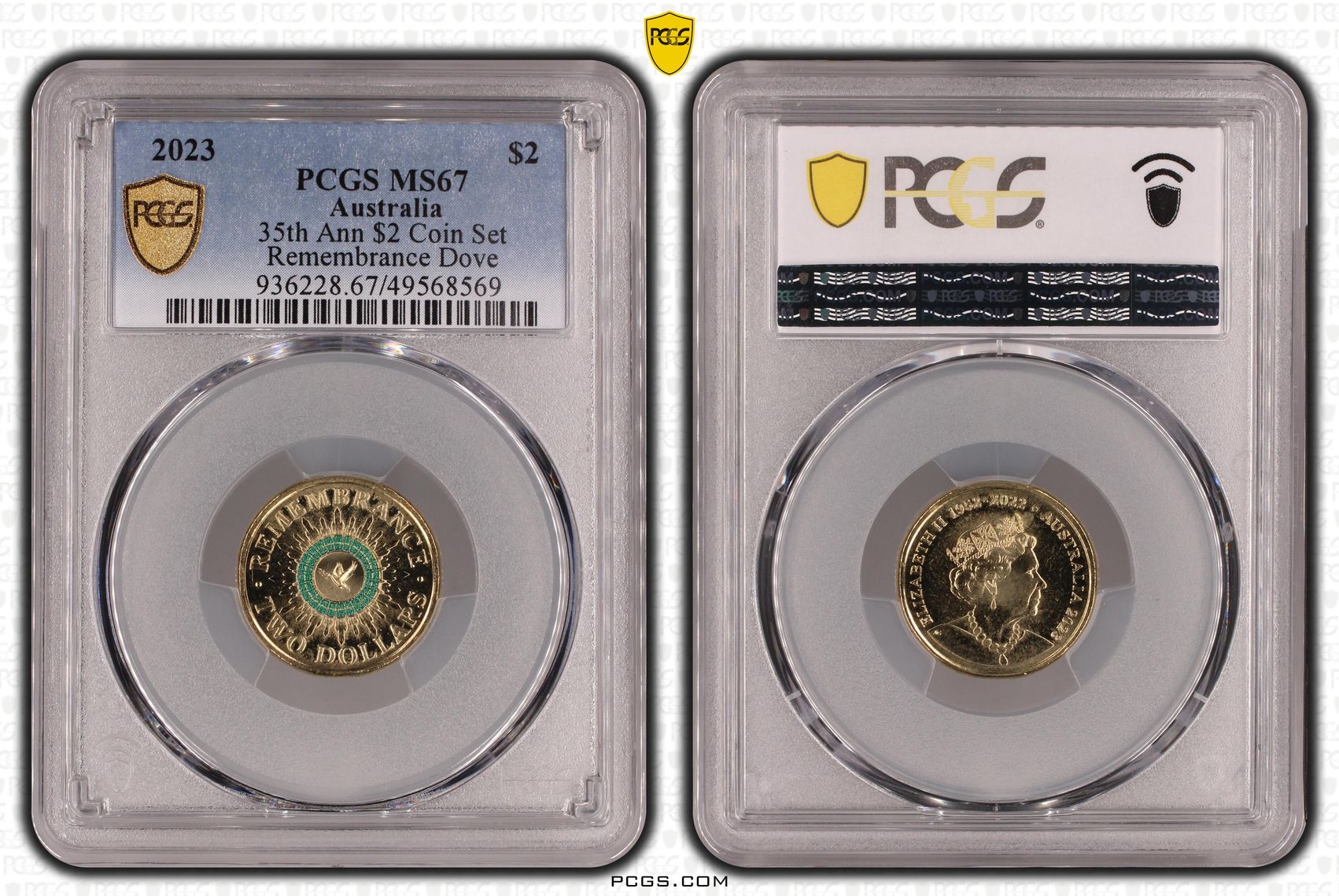 35th Ann $2 Coin Set Colourised Remembrance Dove, Two Dollar, 2023, PCGS MS67